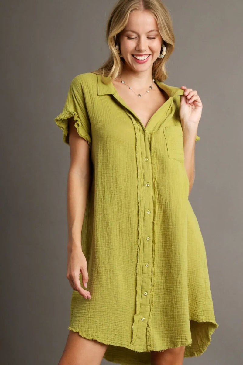 Umgee Full Size Raw Hem Button Down Short Sleeve Gauze Shirt Dress Plus Size - Love Salve